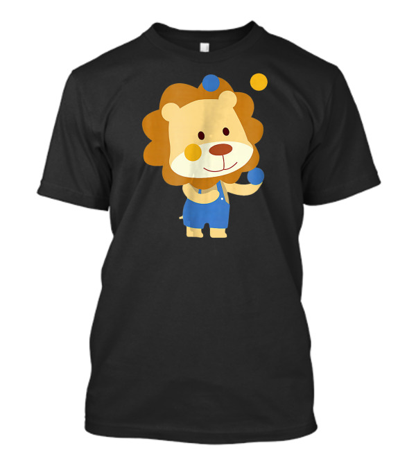 Cute Circus Lion Clown Juggling Orange And Blue Balls In Overalls T-Shirt