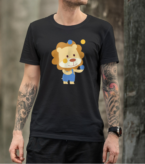 Cute Circus Lion Clown Juggling Orange And Blue Balls In Overalls T-Shirt