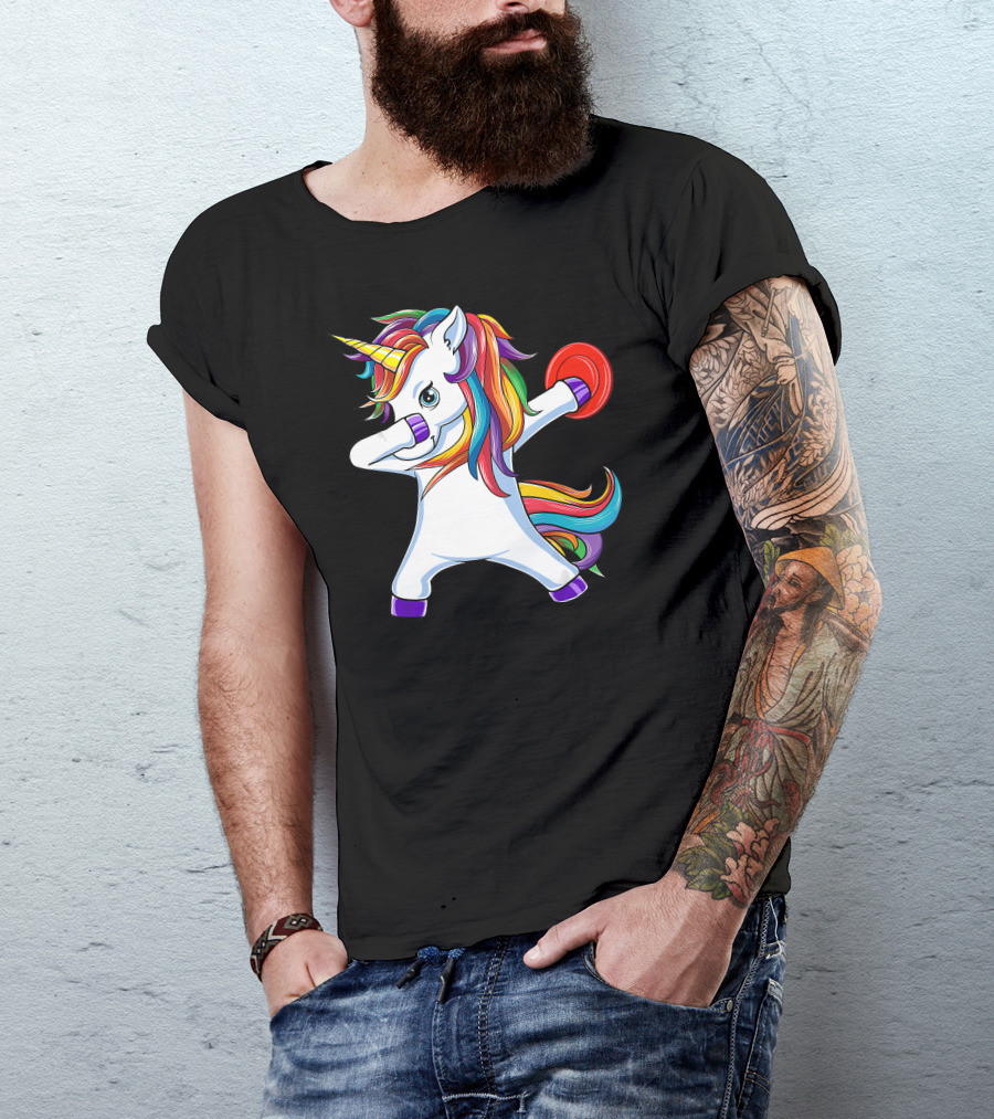 Dabbing Unicorn Funny Rainbow Disc Golf Player T-Shirt