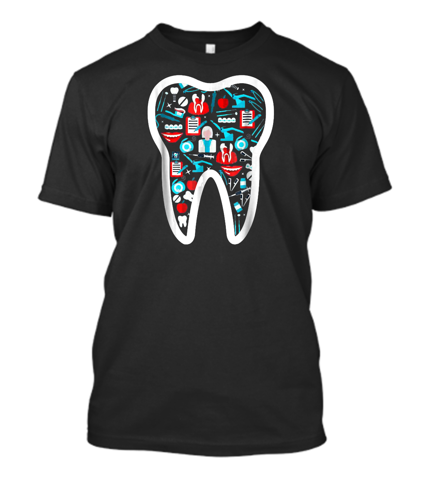 Dentist Funny Molar Tooth Pattern With Dental Tools And Iconic Symbols T-Shirt