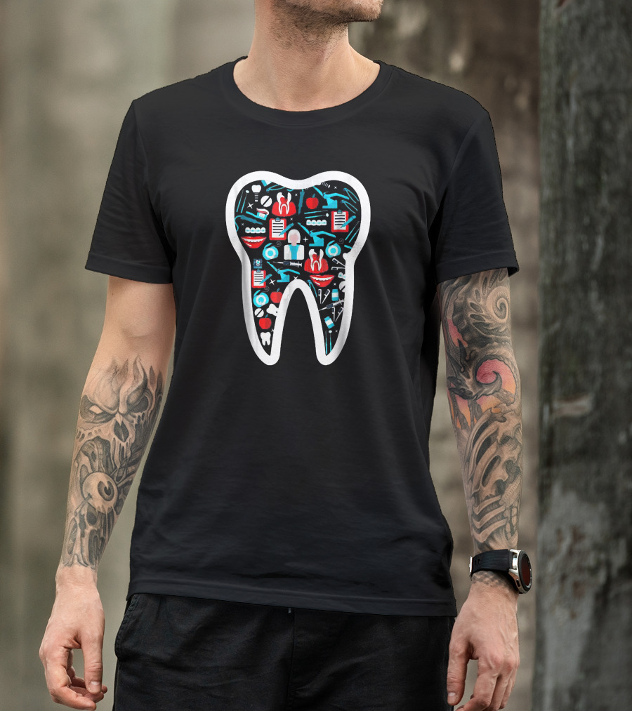Dentist Funny Molar Tooth Pattern With Dental Tools And Iconic Symbols T-Shirt