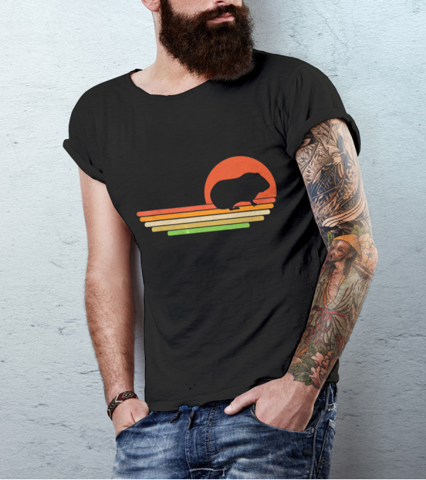 Retro Sunset Stripes With Distressed Guinea Pig T-Shirt