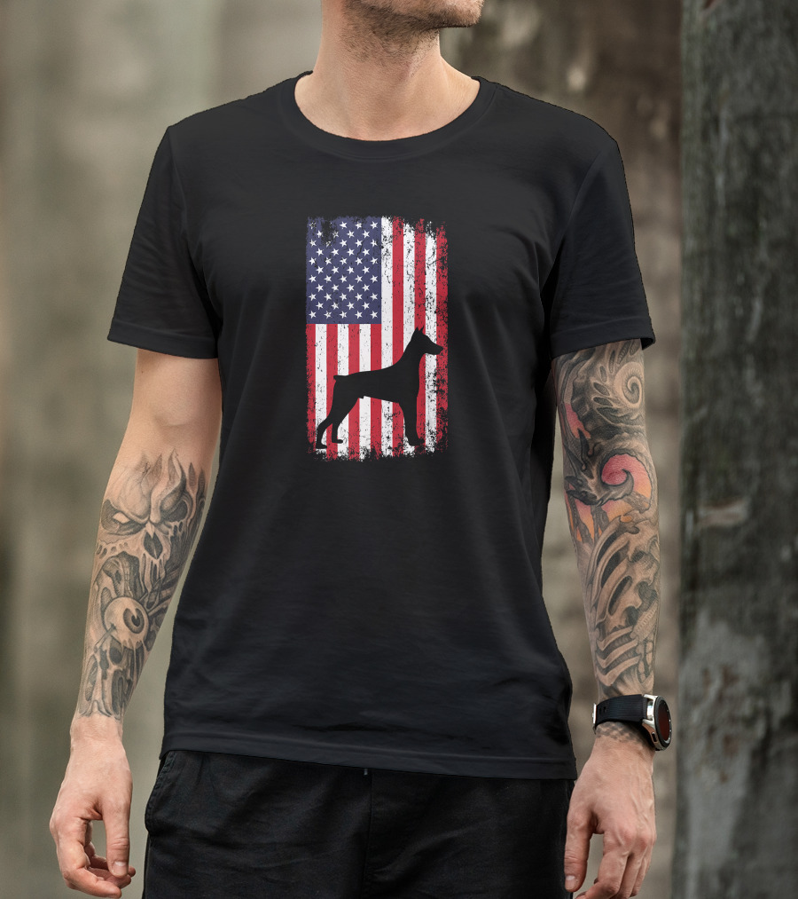 Doberman Silhouette On American Flag For 4th Of July T-Shirt