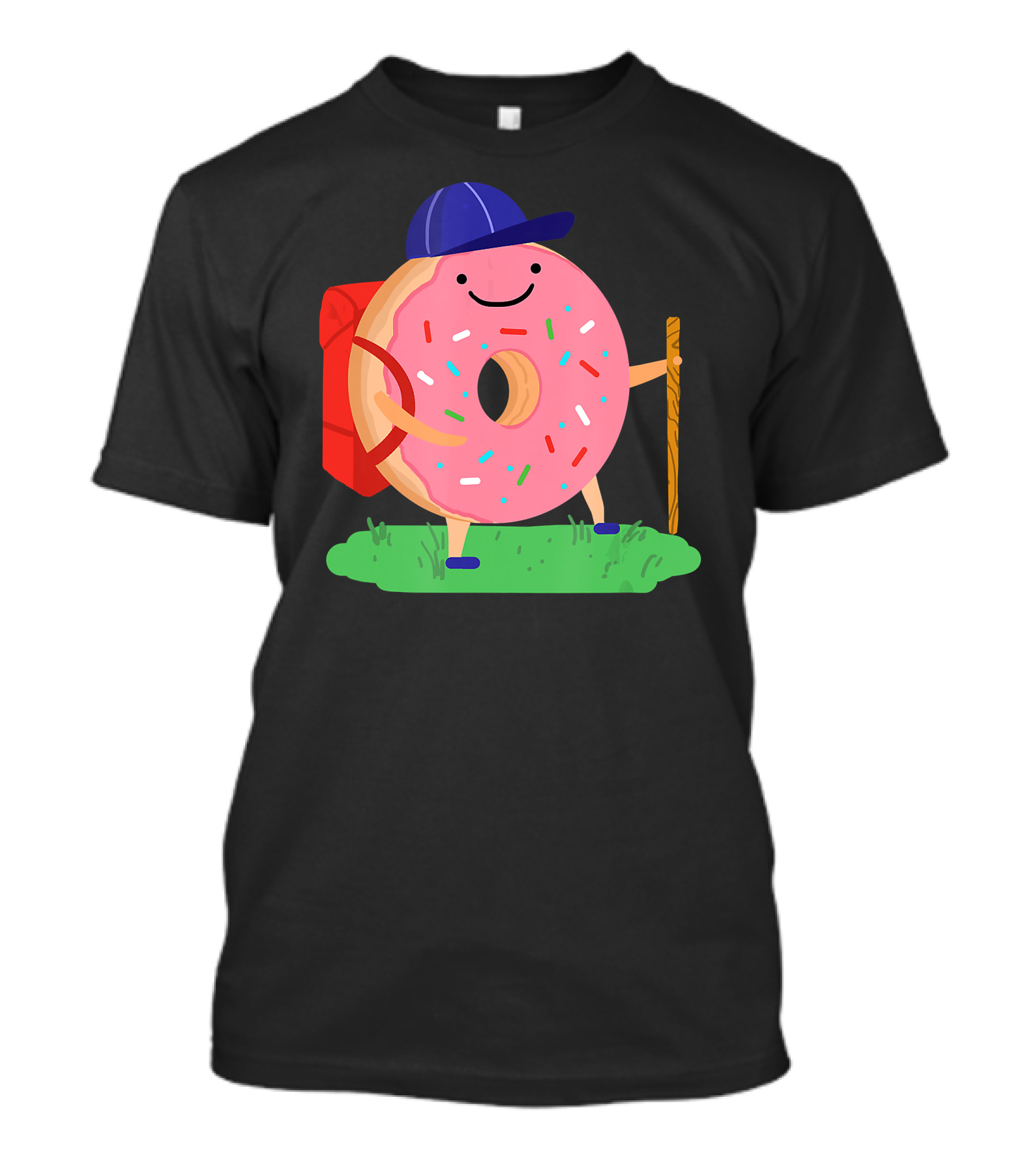 Donut Hiker With Backpack And Walking Stick For National Donut Day T-Shirt