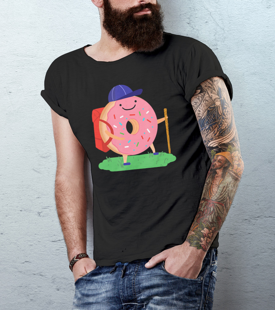 Donut Hiker With Backpack And Walking Stick For National Donut Day T-Shirt