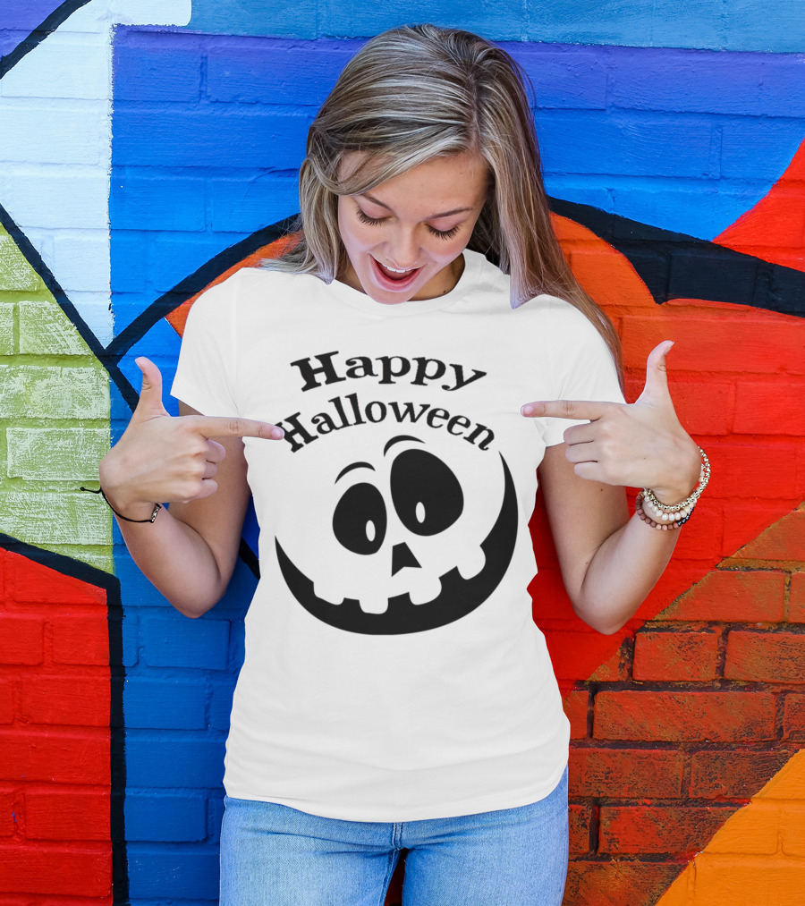 Happy Halloween Funny Pumpkin Smile Face Black T-Shirt