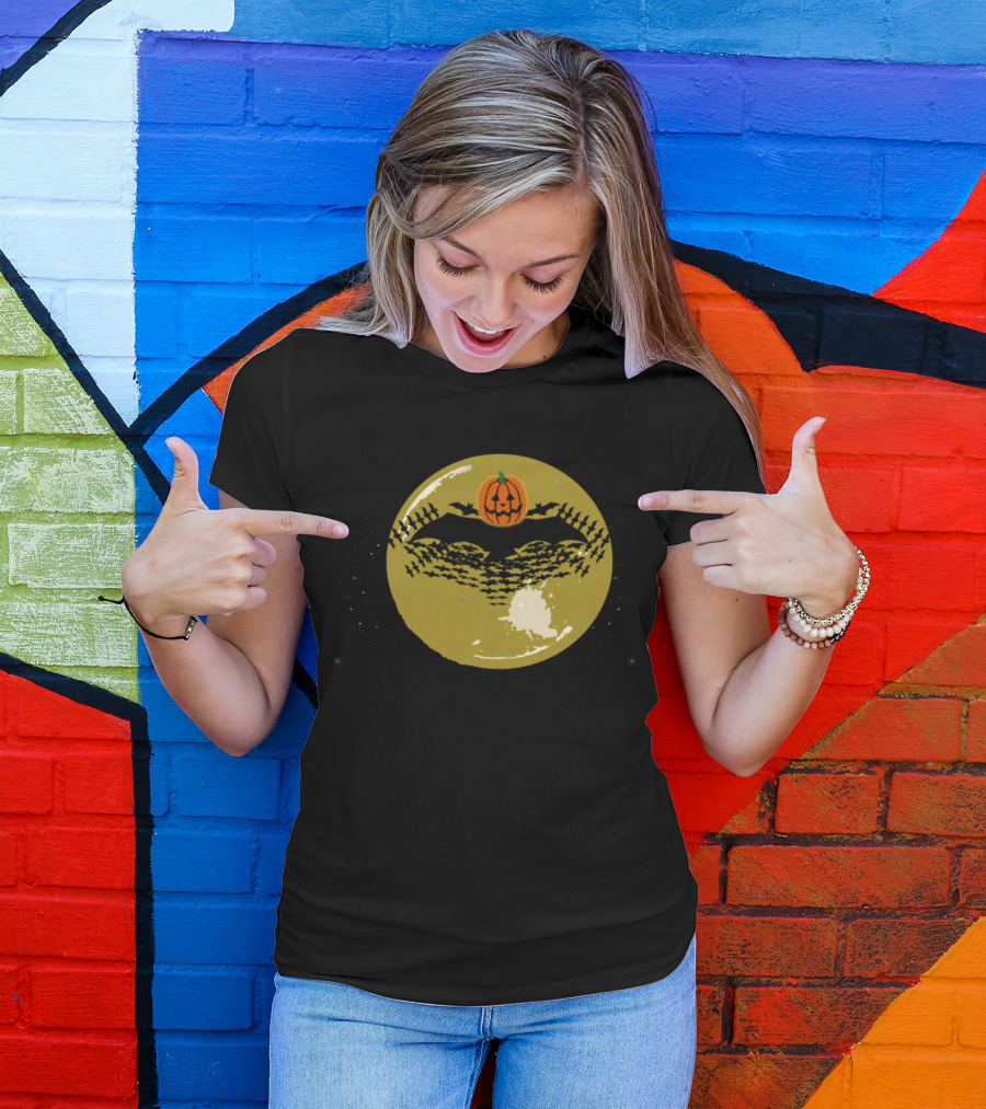 Scary Halloween Pumpkin Head Vampire Bat Flying Across Full Moon T-Shirt