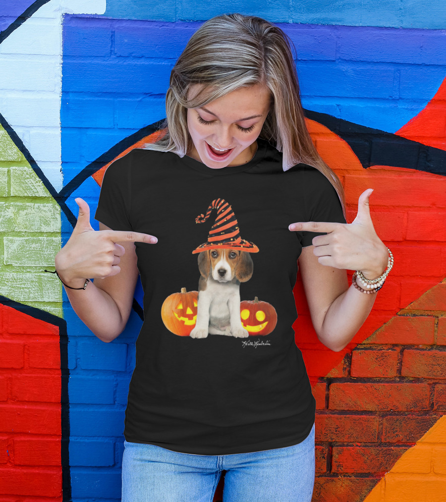 Keith Kimberlin Halloween Beagle Puppy In Witch Hat With Pumpkins T-Shirt
