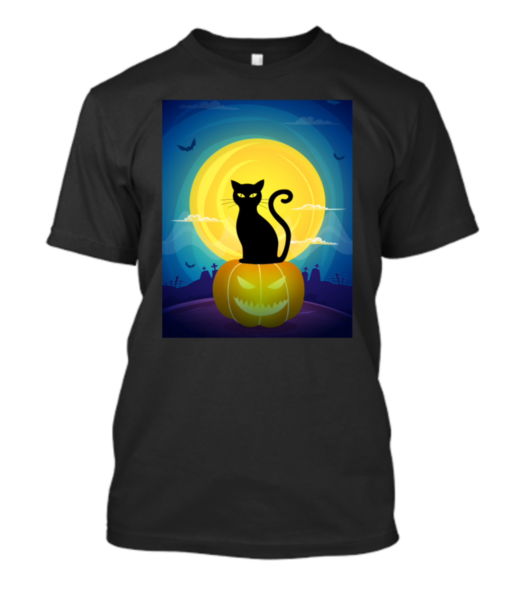 Black Cat Silhouette On Jack-O'-Lantern With Full Moon And Spooky Halloween Scene T-Shirt