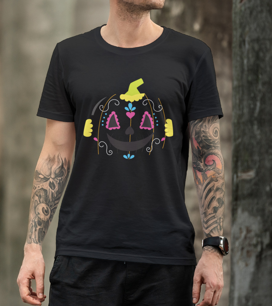 Sugar Skull Pumpkin Face Funny Halloween Colorful Swirls T-Shirt