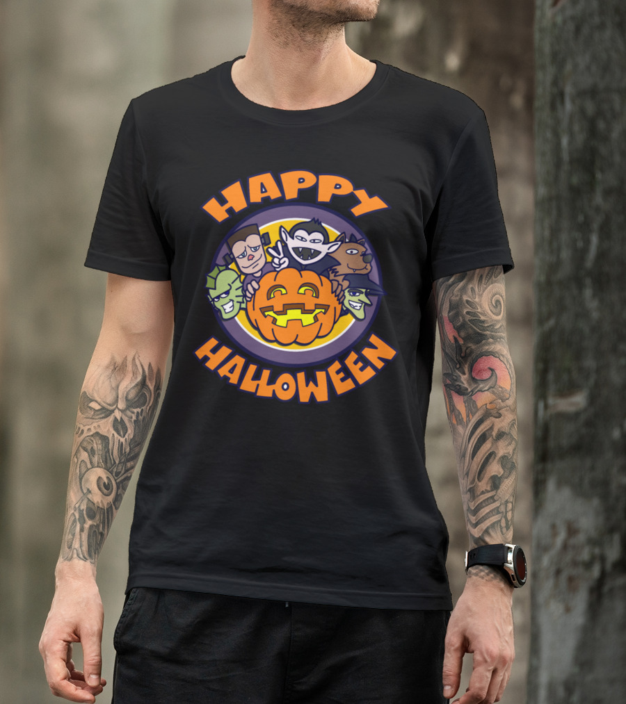 HAPPY HALLOWEEN Monsters Pumpkin Dracula Wolfman Frankenstein Witch T-Shirt