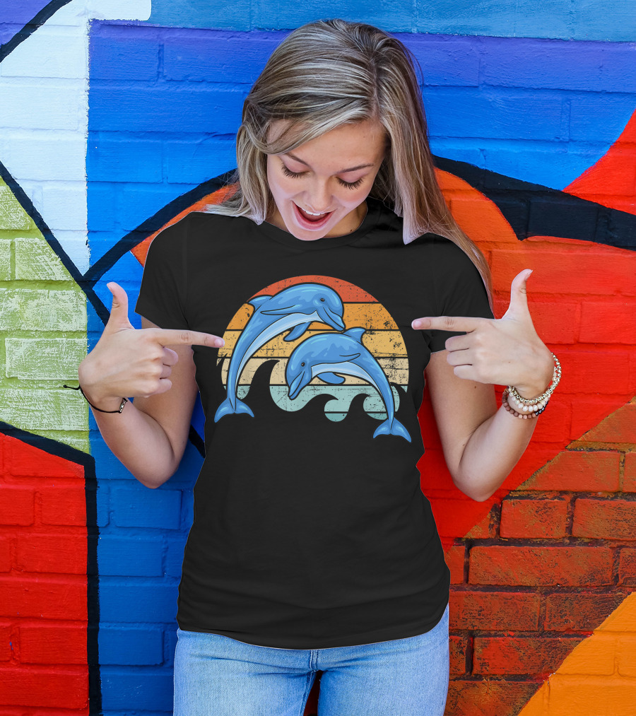 Vintage Sunset Striped Dolphin Pair T-Shirt