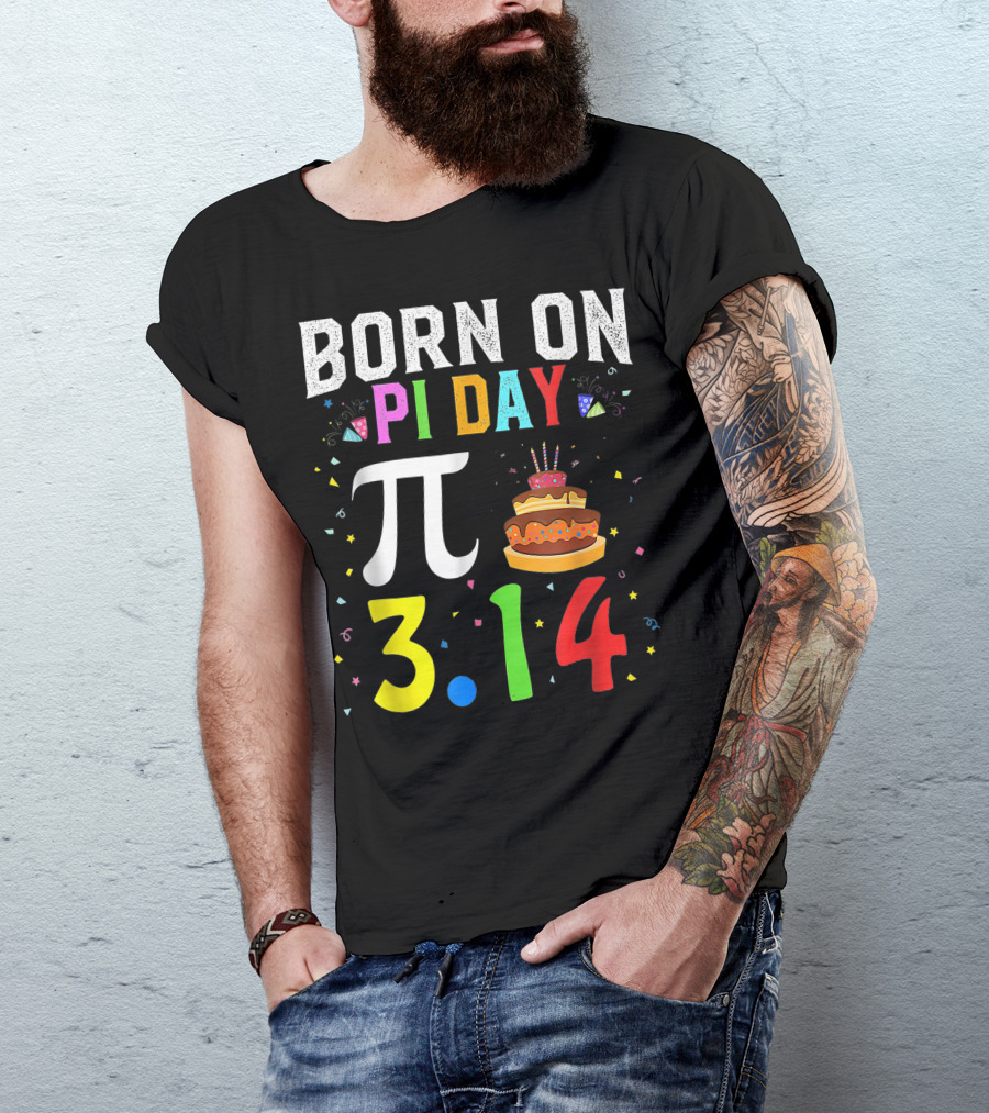 Born On Pi Day 3.14 March Birthday Celebration With Cake And Confetti T-Shirt