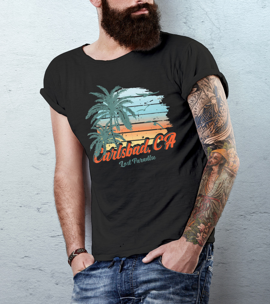 Carlsbad CA Lost Paradise Beach Palm Trees Sunset Ocean Birds T-Shirt