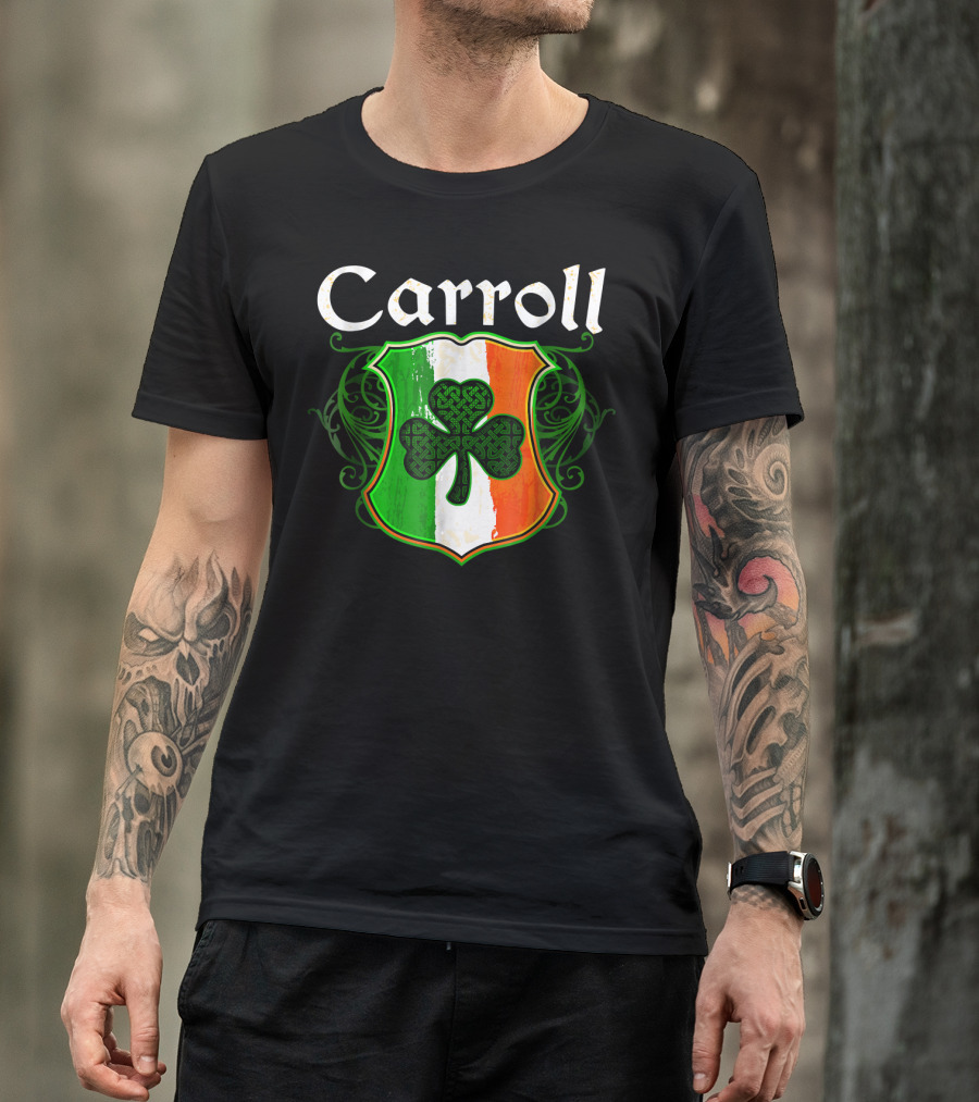 Carroll Surname Irish Flag Crest With Shamrock T-Shirt