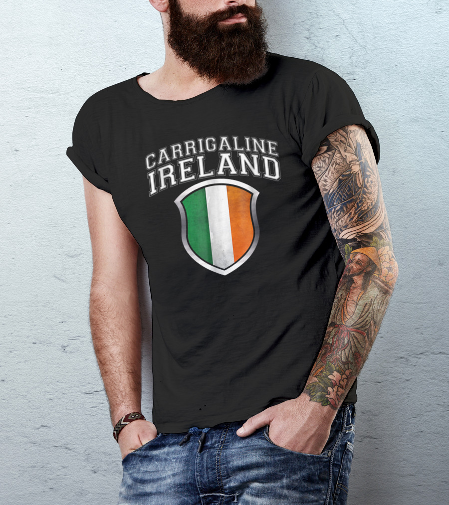 Carrigaline Ireland Shield With Grunge Irish Flag T-Shirt