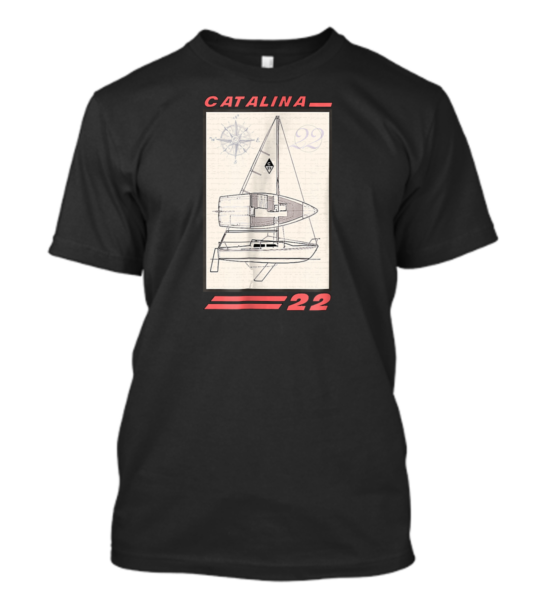 Catalina 22 Sailboat Line Drawing With Compass Rose And Nautical Elements T-Shirt