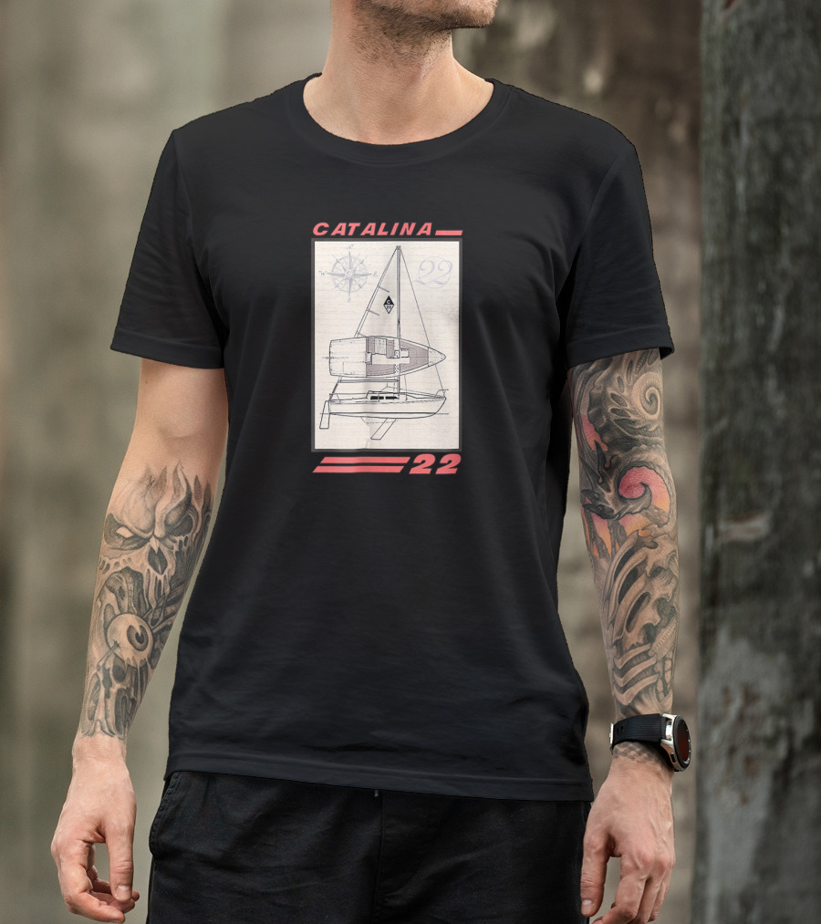 Catalina 22 Sailboat Line Drawing With Compass Rose And Nautical Elements T-Shirt