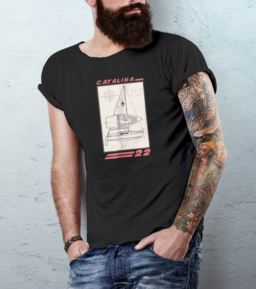 Catalina 22 Sailboat Line Drawing With Compass Rose And Nautical Elements T-Shirt