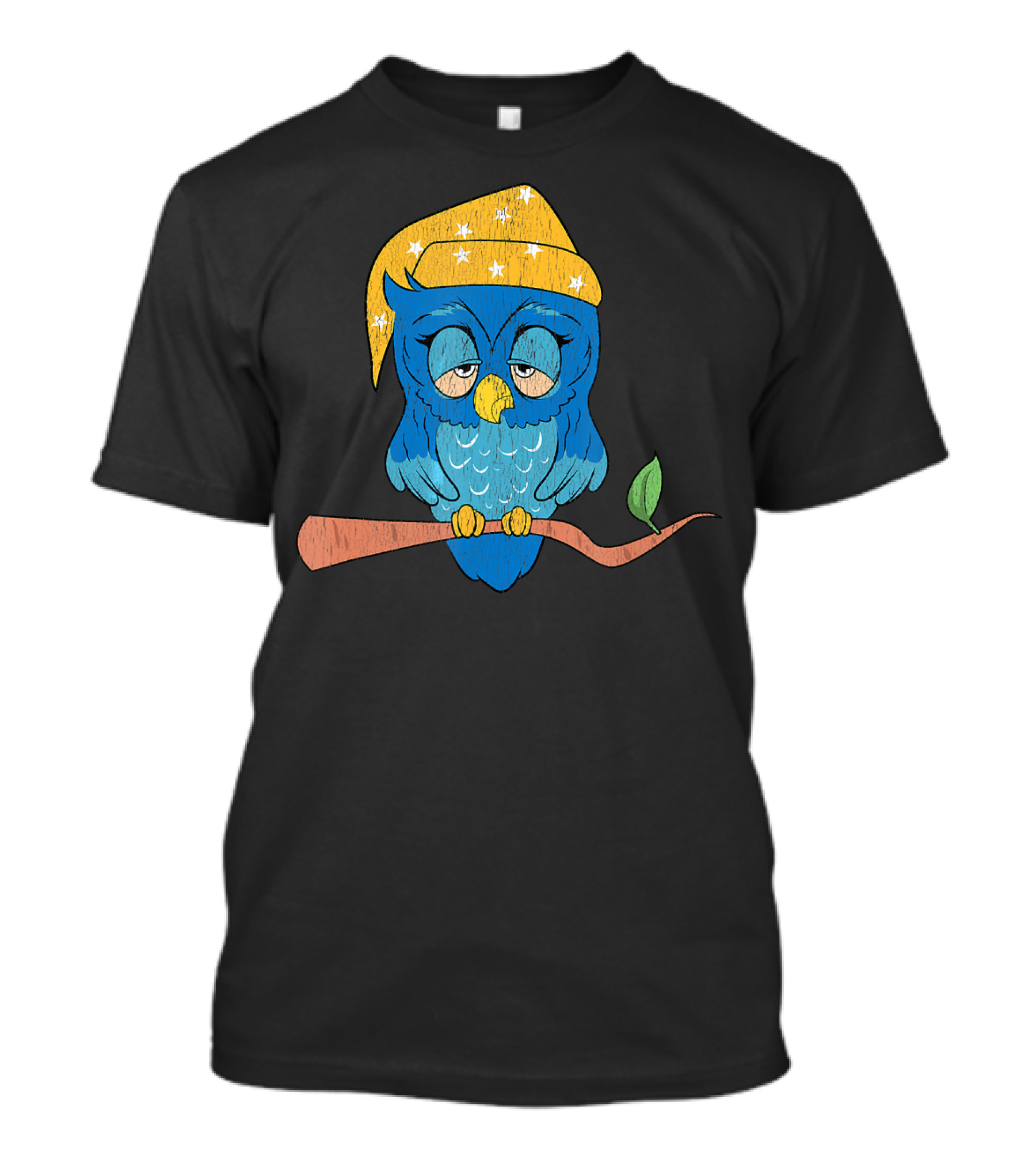 Funny Sleepy Night Owl With Starry Yellow Sleep Hat And Blue Plumage On Branch T-Shirt