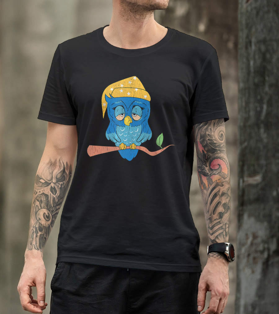 Funny Sleepy Night Owl With Starry Yellow Sleep Hat And Blue Plumage On Branch T-Shirt