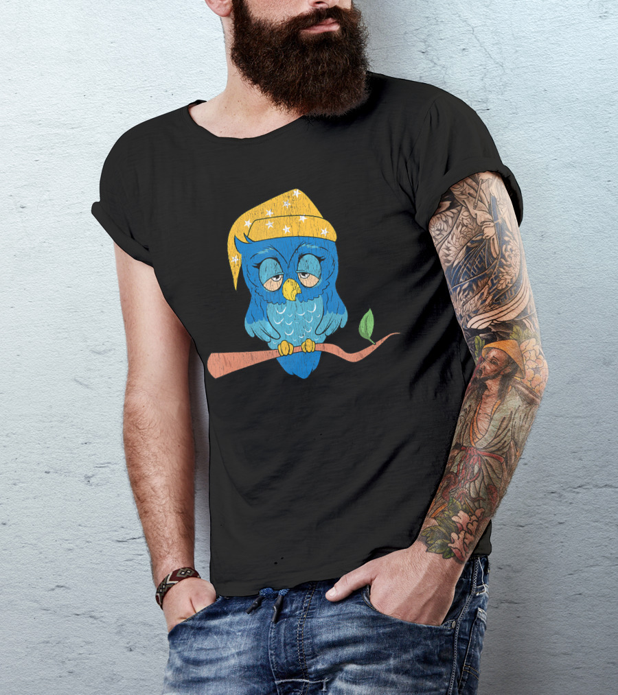 Funny Sleepy Night Owl With Starry Yellow Sleep Hat And Blue Plumage On Branch T-Shirt
