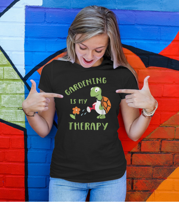 Gardening Is My Therapy Funny Tortoise With Watering Can And Flower T-Shirt