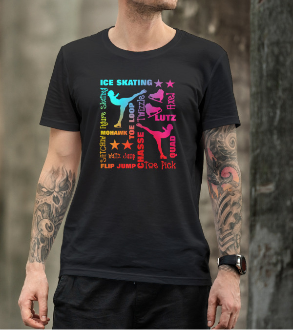 Ice Skating Figure Rainbow Typography Toe Loop Axel Lutz Quad Chasse Toe Pick Mohawk Flip Jump T-Shirt