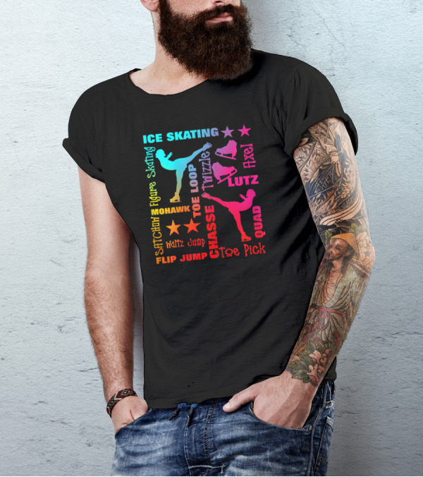 Ice Skating Figure Rainbow Typography Toe Loop Axel Lutz Quad Chasse Toe Pick Mohawk Flip Jump T-Shirt