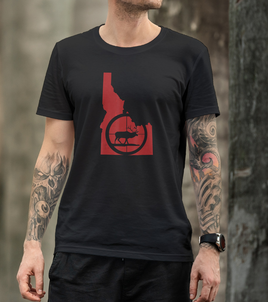 Idaho Elk Hunting Silhouette In Red State Outline T-Shirt