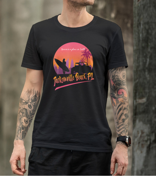 Heaven Is A Place On Earth Jacksonville Beach FL Surfing Silhouette With Jeep And Sunset Palms T-Shirt