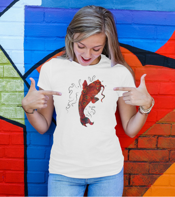 Japanese Koi Fish Red Blue Orang Vibrant Water Swirls T-Shirt