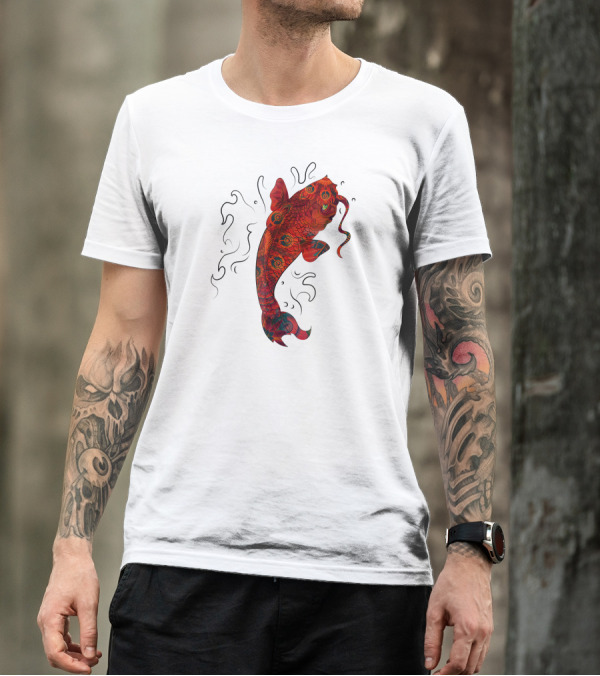 Japanese Koi Fish Red Blue Orang Vibrant Water Swirls T-Shirt