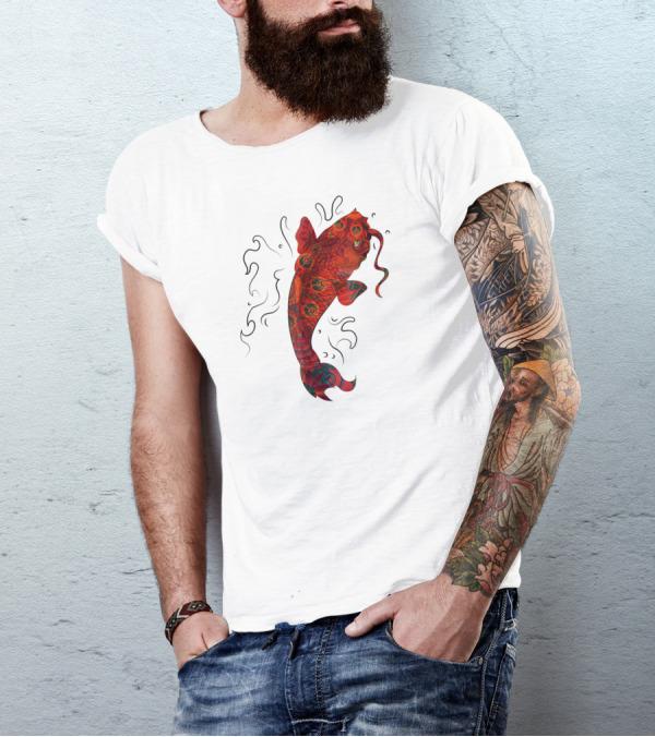 Japanese Koi Fish Red Blue Orang Vibrant Water Swirls T-Shirt