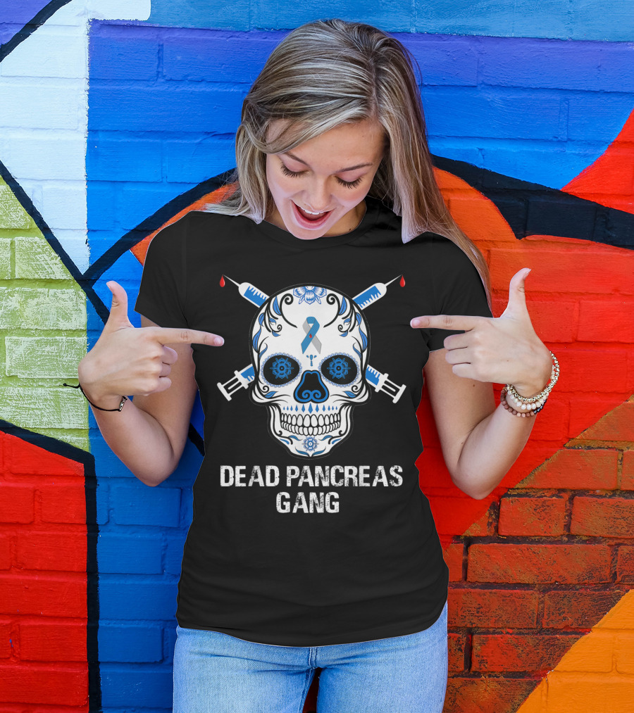 Dead Pancreas Gang Skull Diabetes Awareness Blue Ribbon Syringes T-Shirt