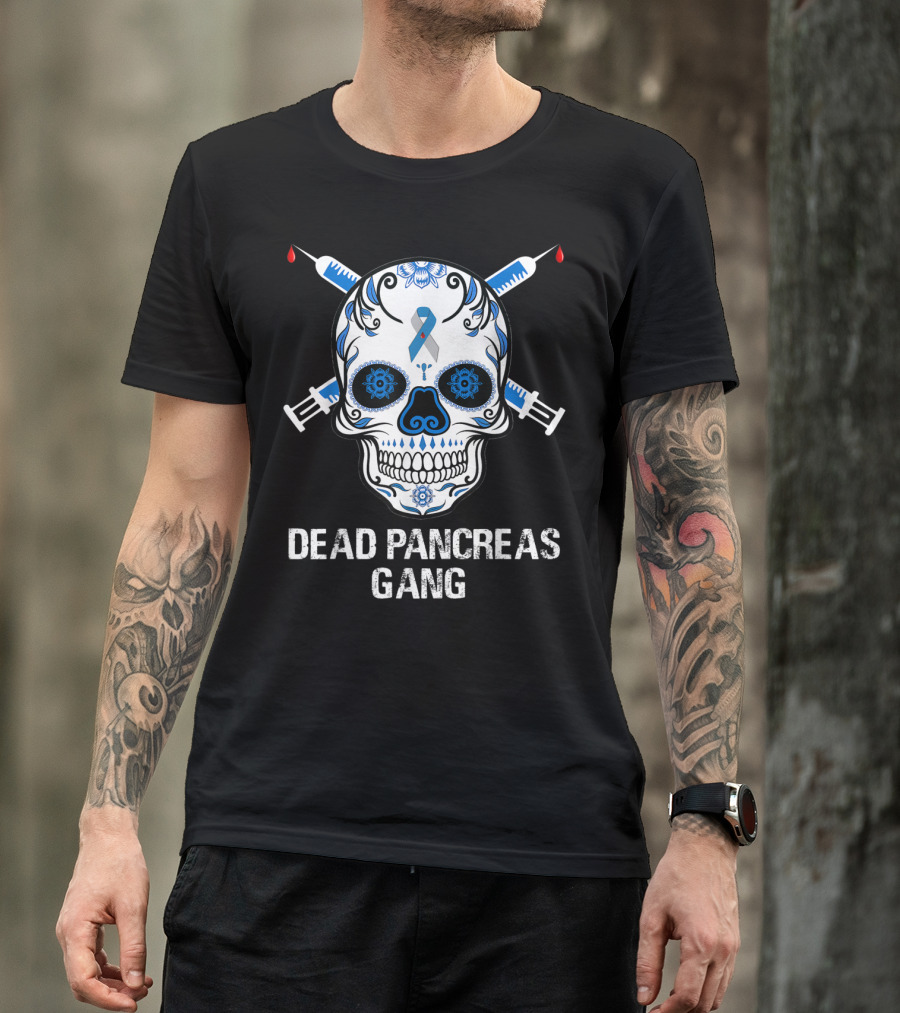 Dead Pancreas Gang Skull Diabetes Awareness Blue Ribbon Syringes T-Shirt