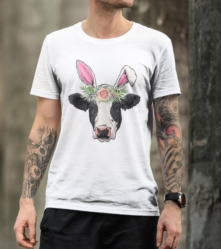 Funny Cow Easter Bunny Flower Crown T-Shirt