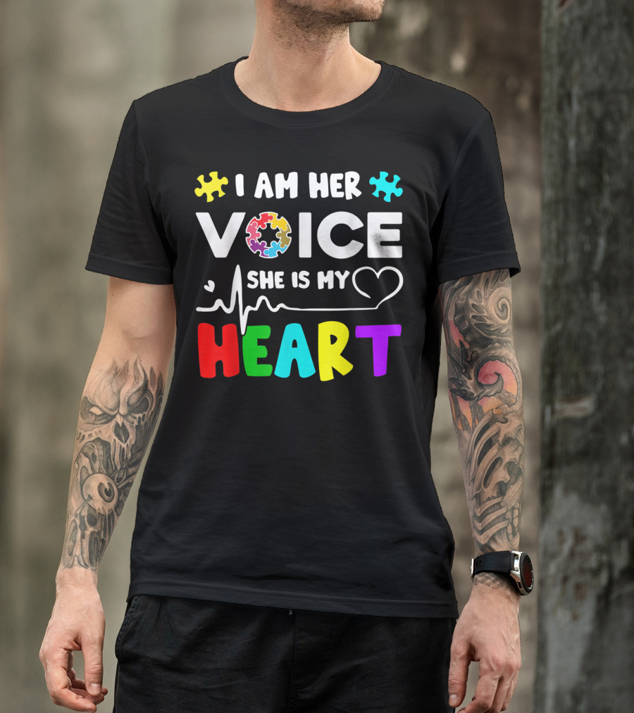 I Am Her Voice She Is My Heart Autism Awareness Puzzle Pieces T-Shirt