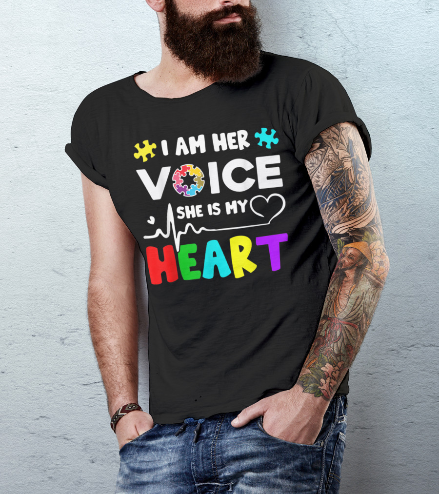 I Am Her Voice She Is My Heart Autism Awareness Puzzle Pieces T-Shirt