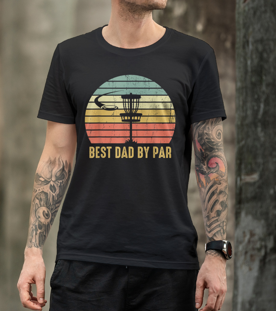Best Dad By Par Vintage Disc Golf Basket Retro Sunset T-Shirt
