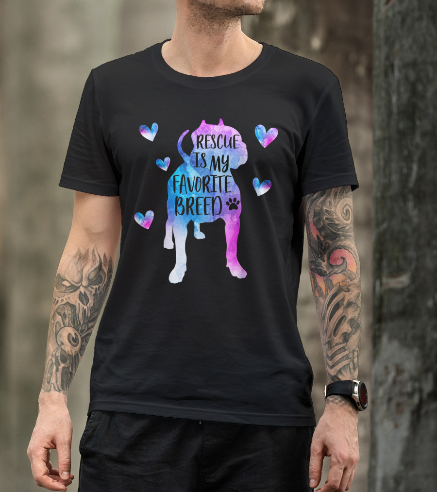 Rescue Is My Favorite Breed Watercolor Pitbull Hearts T-Shirt