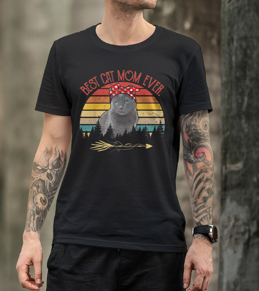 Best Cat Mom Ever Vintage Russian Blue Cat Sunset T-Shirt