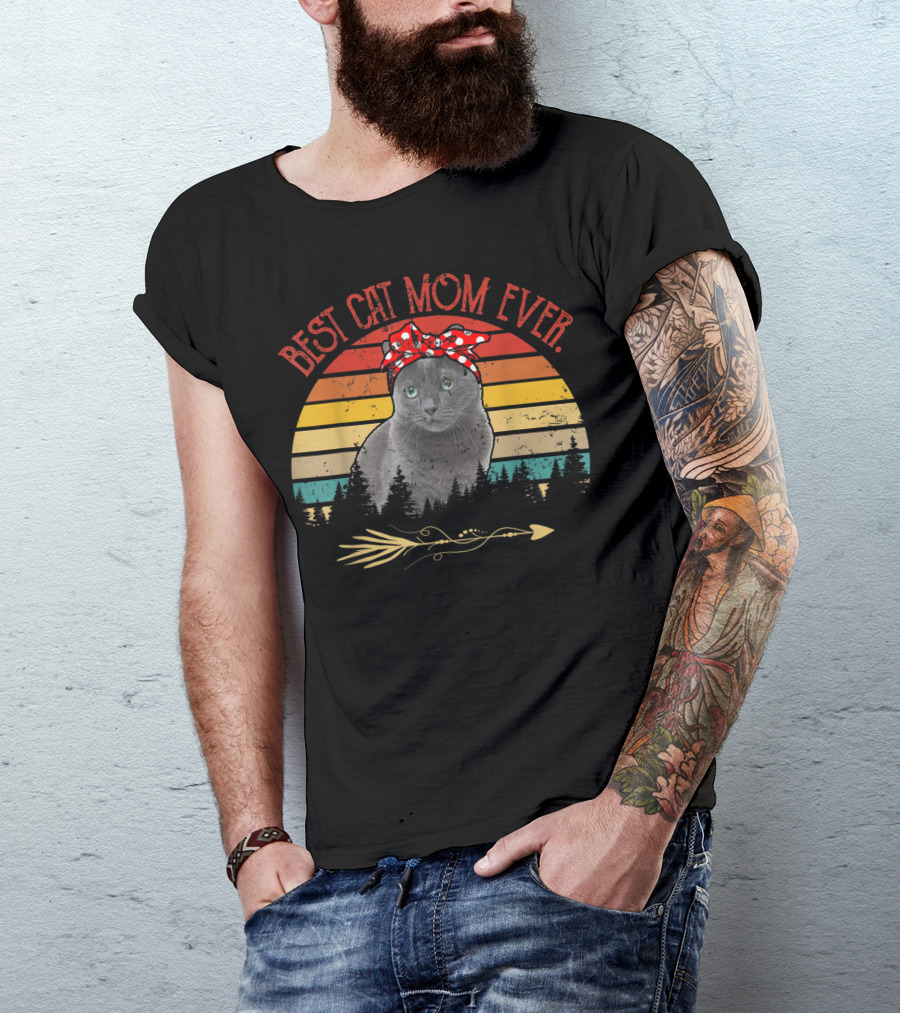 Best Cat Mom Ever Vintage Russian Blue Cat Sunset T-Shirt