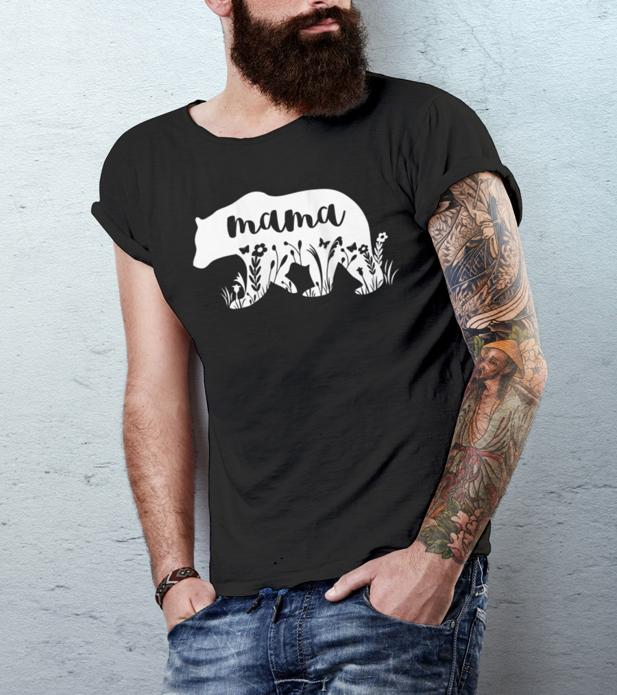 Mama Bear Floral With Flowers And Butterflies Motif T-Shirt