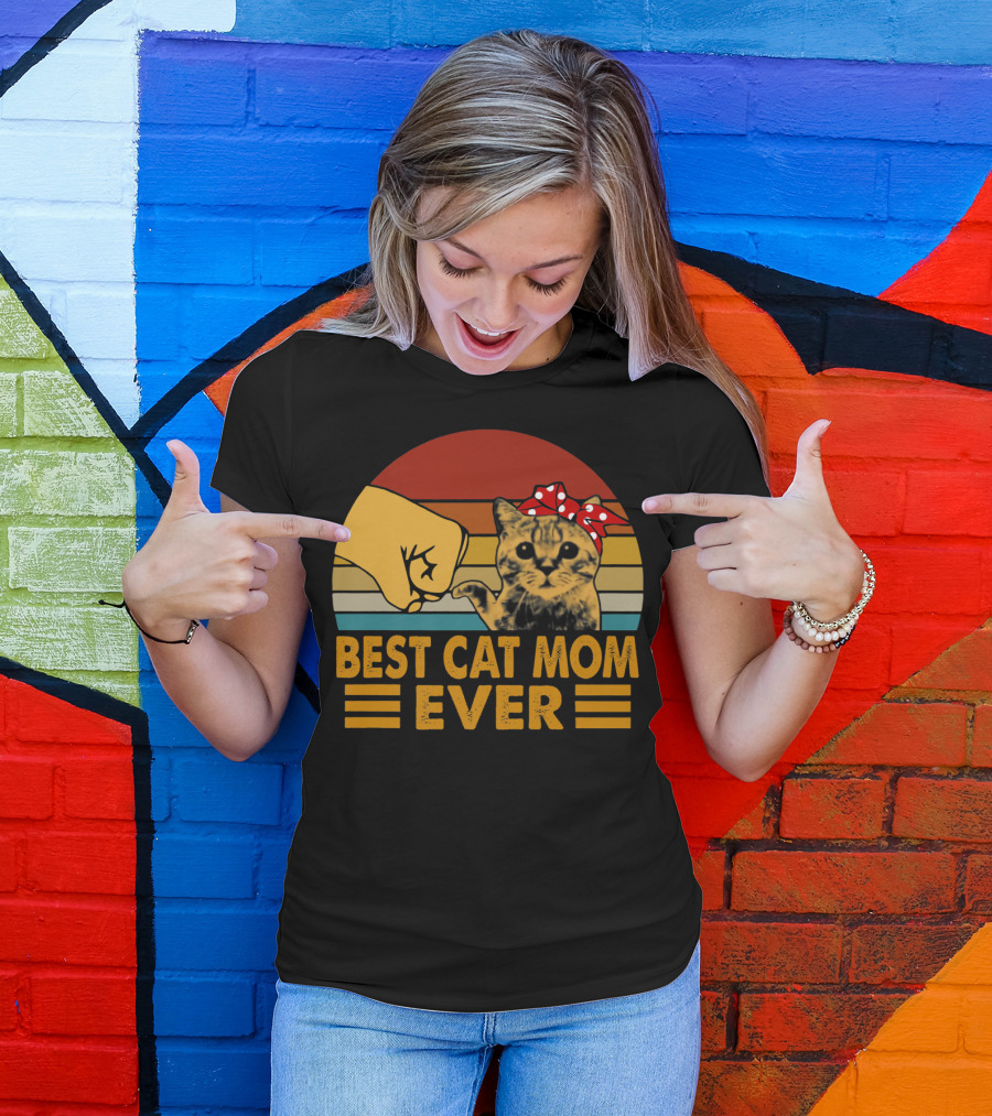 Best Cat Mom Ever Vintage Fist Bump With Cat Bow Stripes T-Shirt
