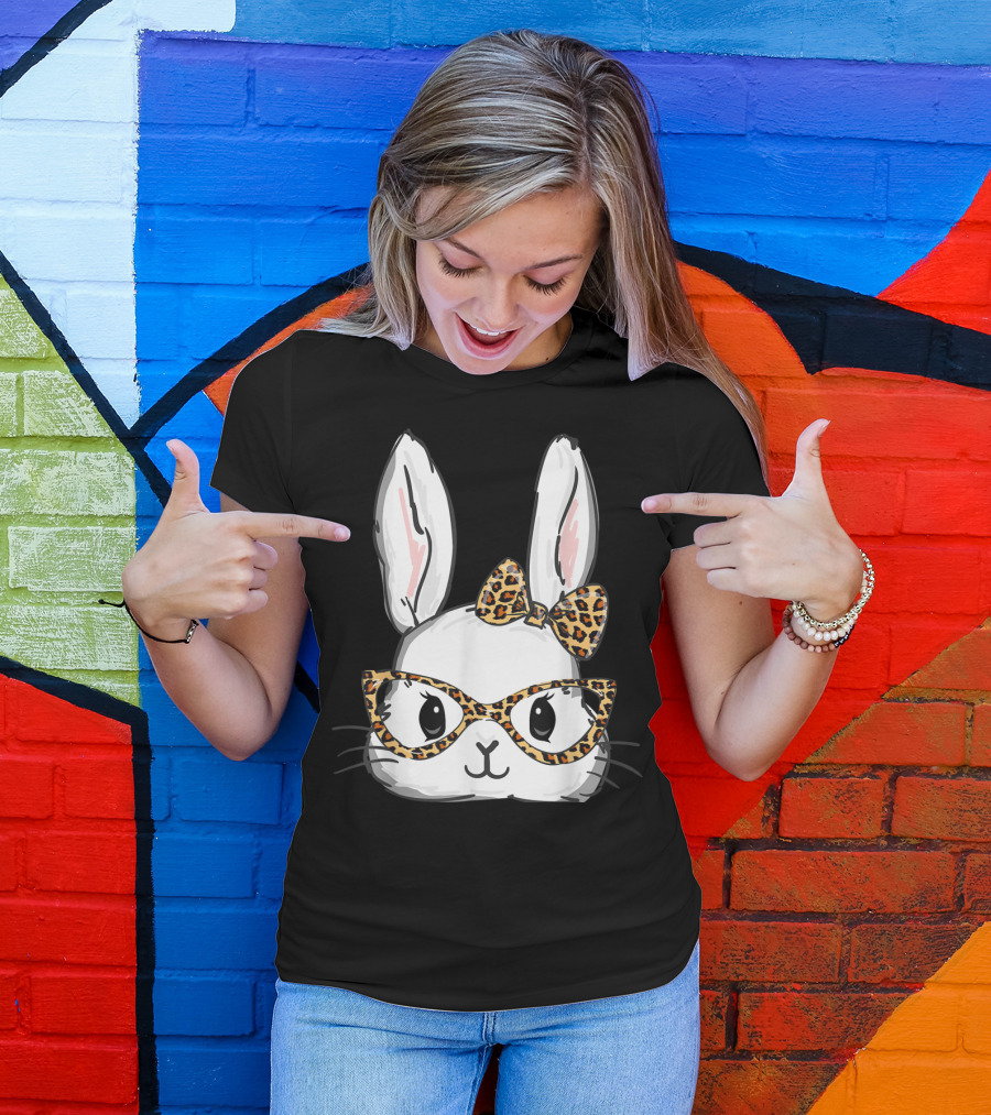 Bunny Rabbit Leopard Glasses Bow Easter T-Shirt