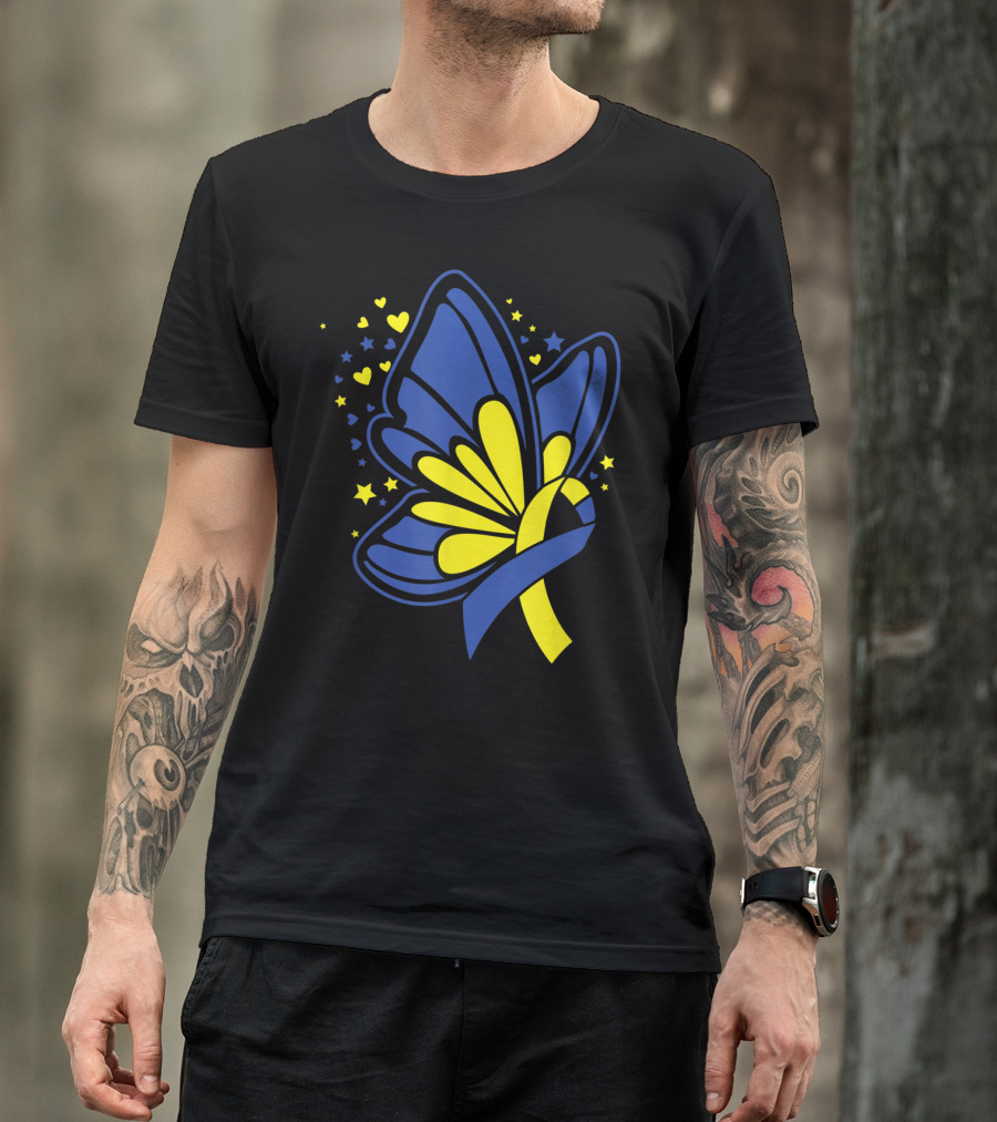 Butterfly T21 World Down Syndrome Awareness Day Ribbon Hearts And Stars T-Shirt