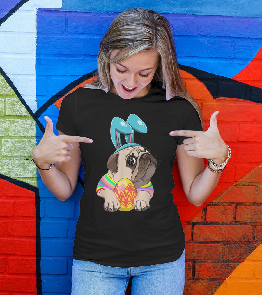 Cute Easter Pug With Bunny Ears Hugging Egg T-Shirt