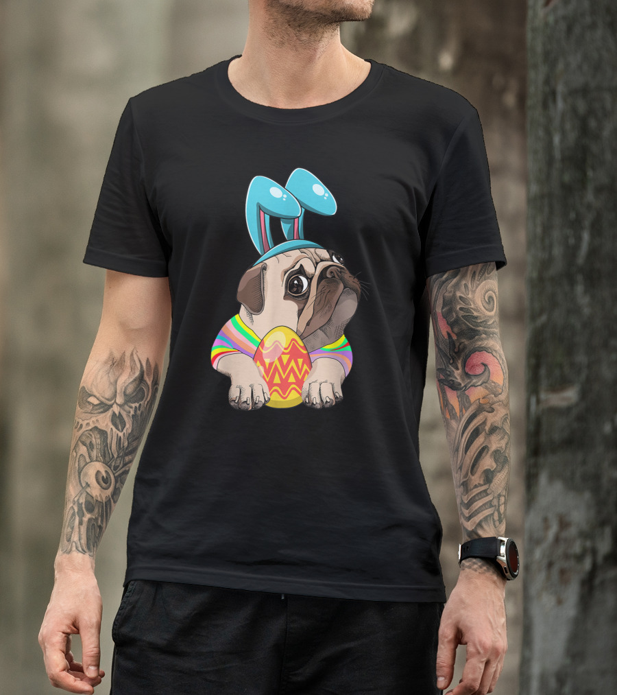 Cute Easter Pug With Bunny Ears Hugging Egg T-Shirt