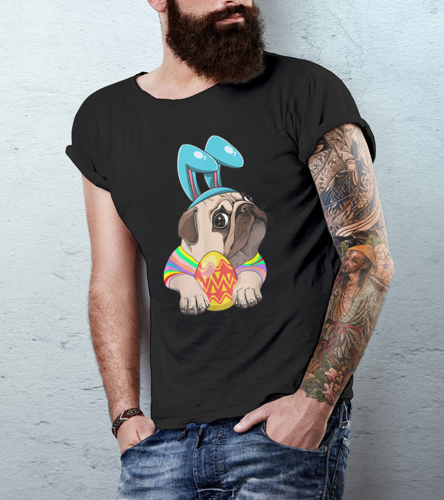 Cute Easter Pug With Bunny Ears Hugging Egg T-Shirt